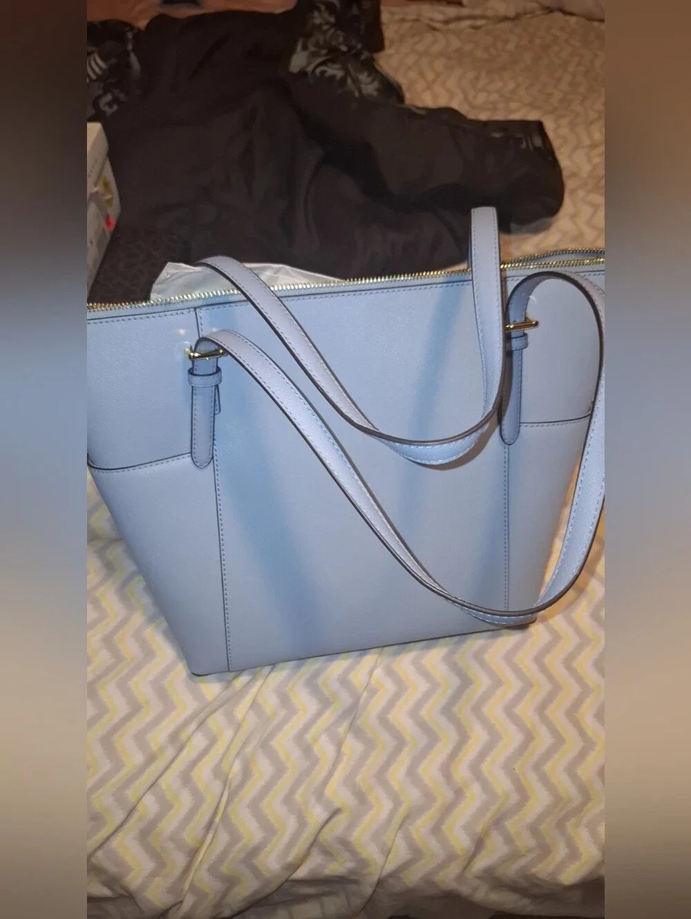 Michael Kors Powder Blue Leather Tote with Gold Accents